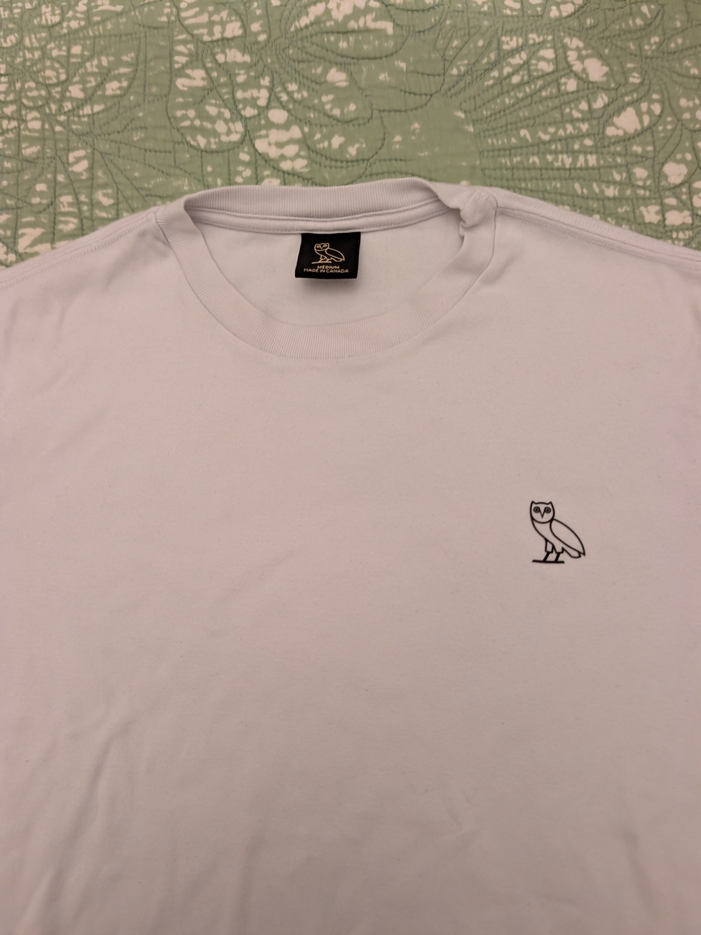 OVO Men’s White Crewneck T-Shirt with Black Owl Patch